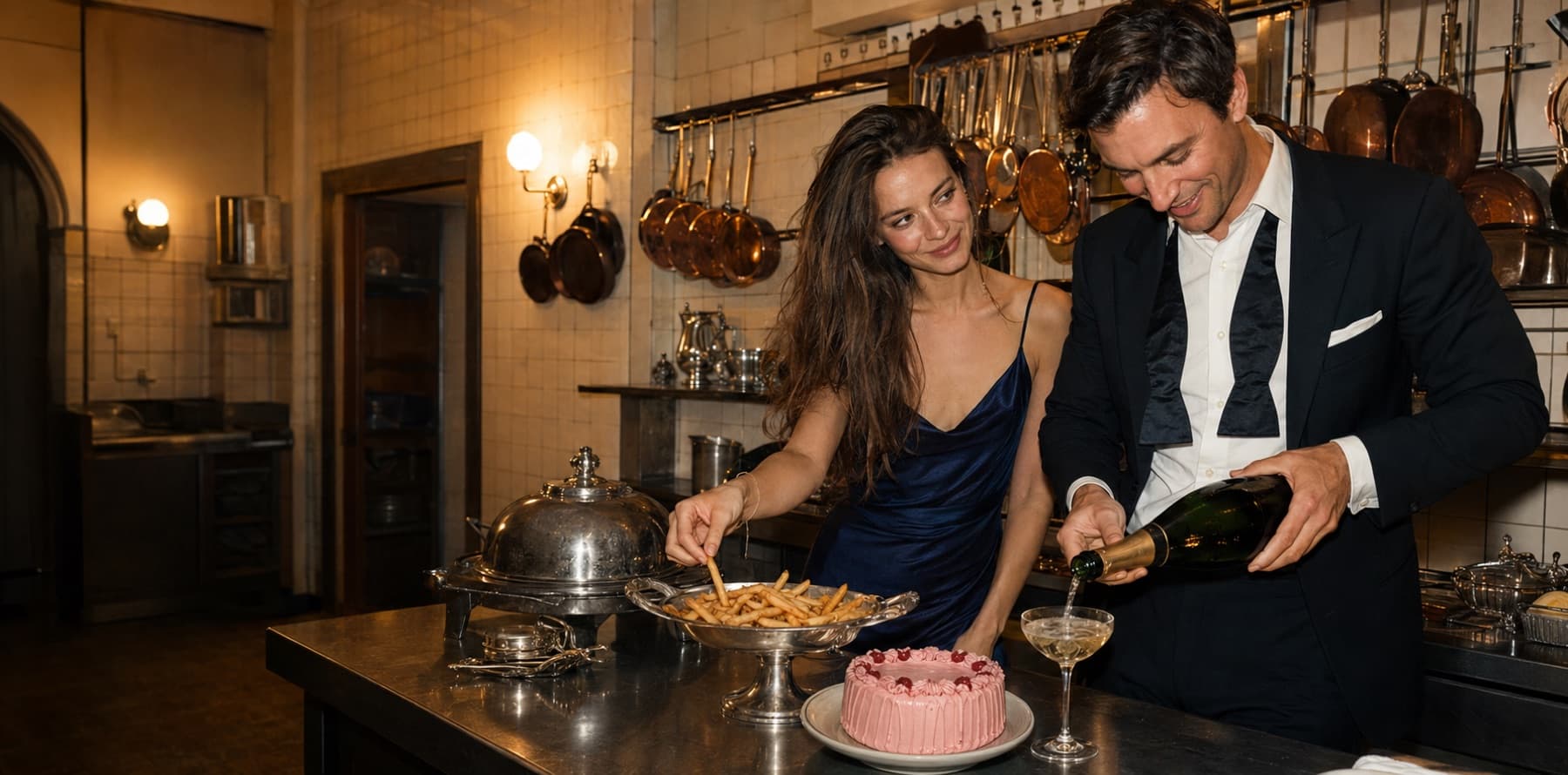 A couple in black tie pouring champagne in a grand service kitchen