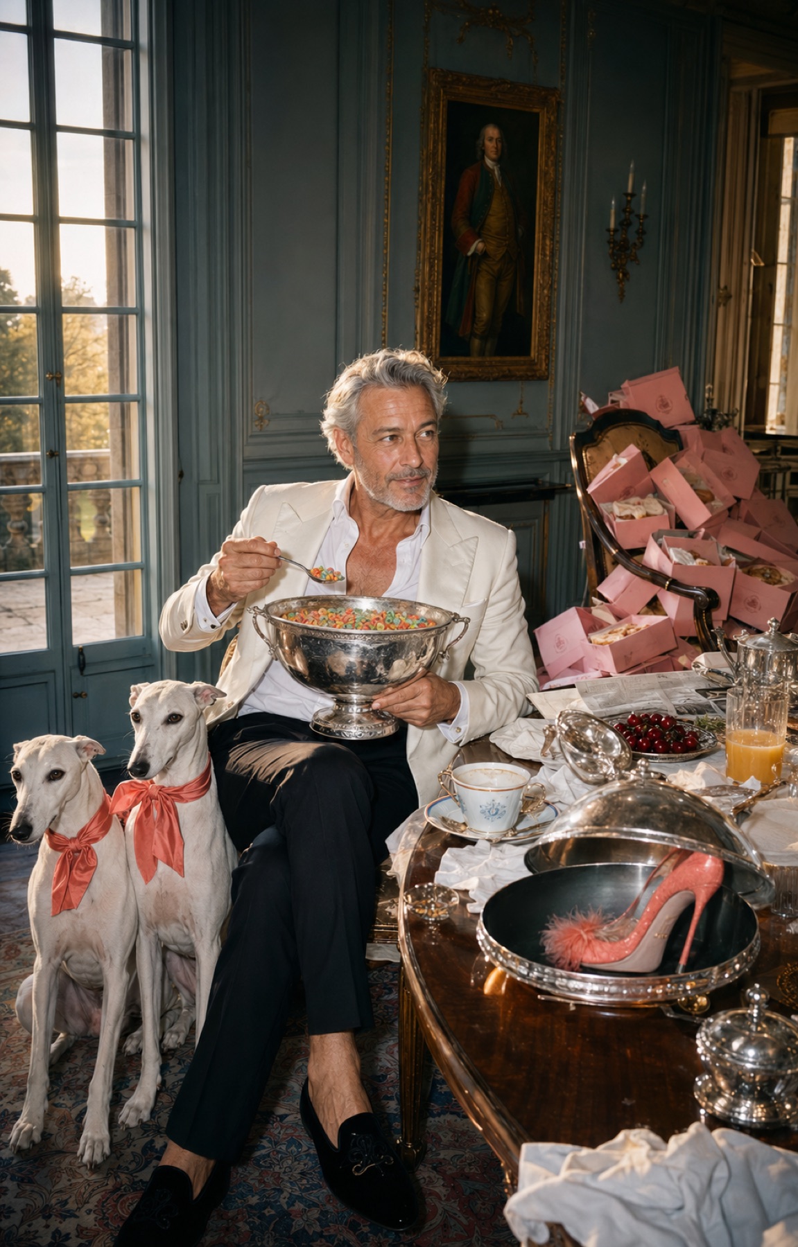 A man at breakfast with two greyhounds